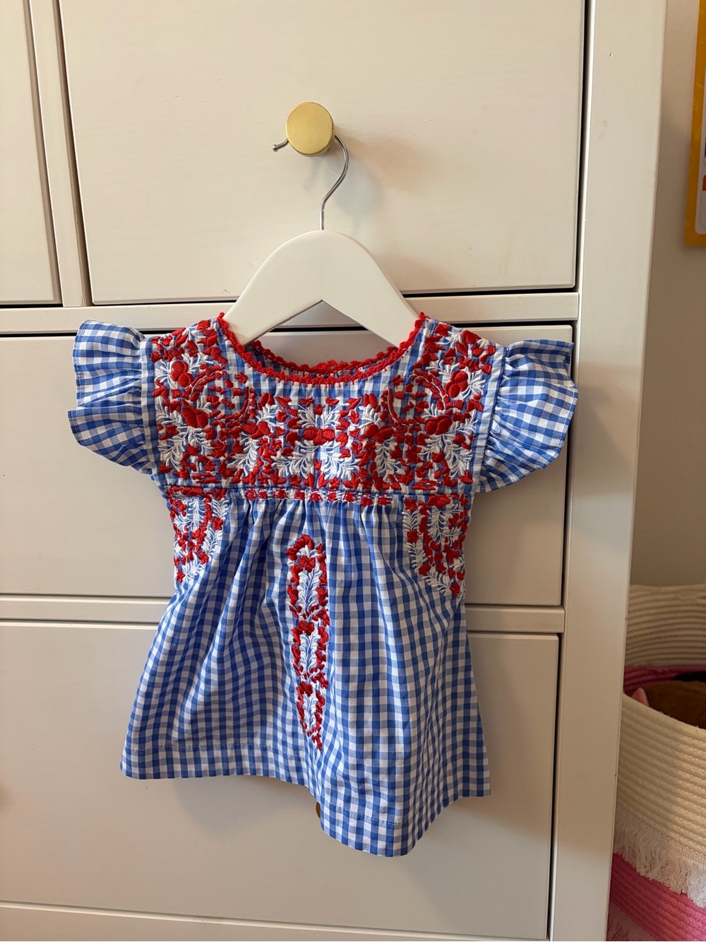 Six Honeybees Gingham Top 18M Patriotic Red White Blue Embroidered